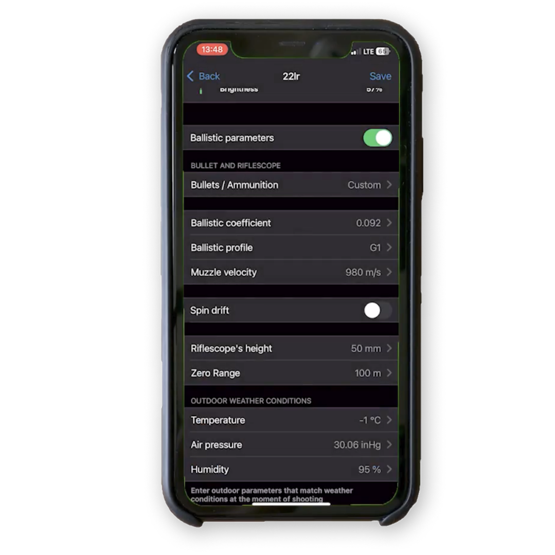 Phone screen displaying a ballistic calculation app with various parameters.